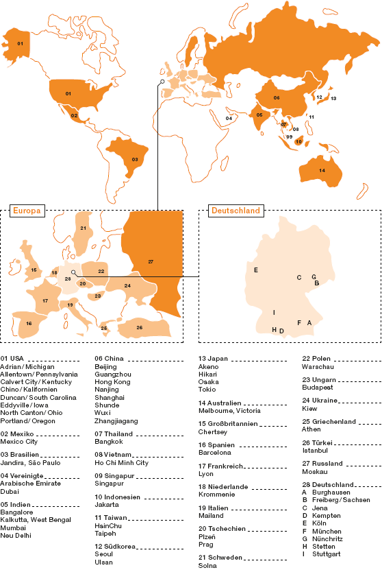 Vertriebs- und Produktionsstandorte des WACKER-Konzerns (Weltkarte)
