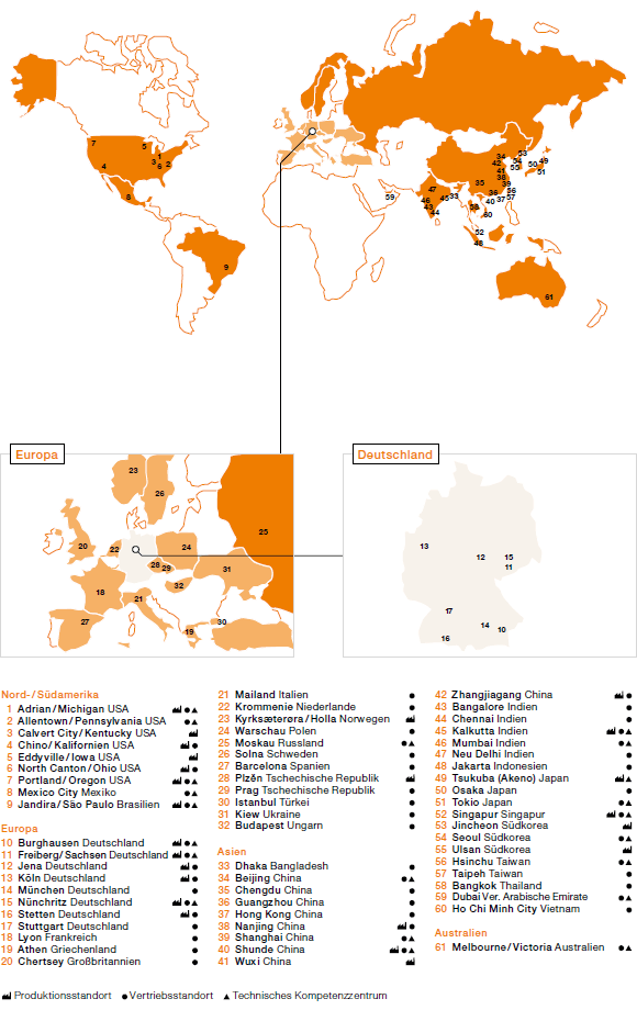 Produktions- und Vertriebsstandorte, Technische Kompetenzzentren des WACKER-Konzerns (Karte)