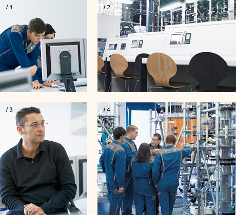 / 1 Chemical technologists’ main tasks include the monitoring, supervising, influencing, and documenting of processes. / 2 In the training lab, apprentices can operate industrial plants from the control stations. / 3 Bernhard Horner supervises and assesses how the participants operate the system during process simulation. / 4 Sharing and discussing experiences