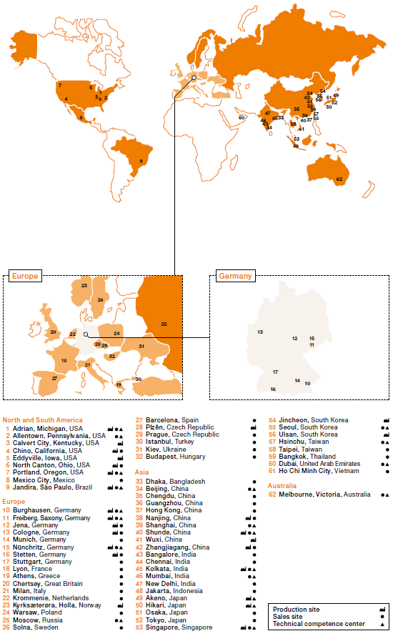 WACKER Production and Sales Sites, Technical Competence Centers1 (map)