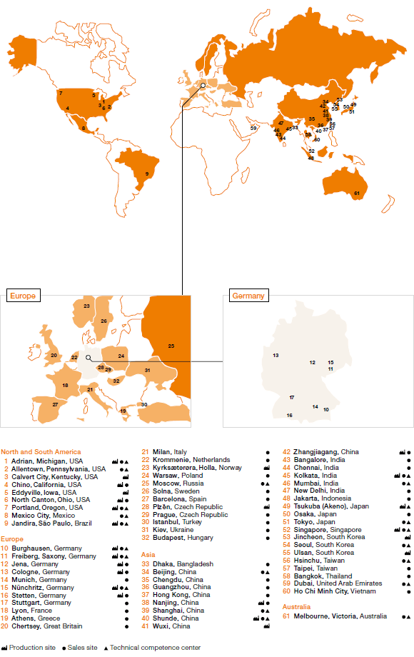 WACKER Production and Sales Sites, Technical Competence Centers (map)