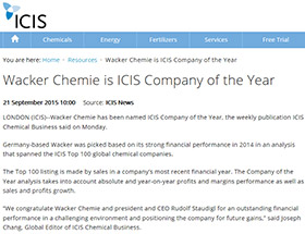Award – ICIS Chemical Business named Wacker as its Company of the Year (graphic)